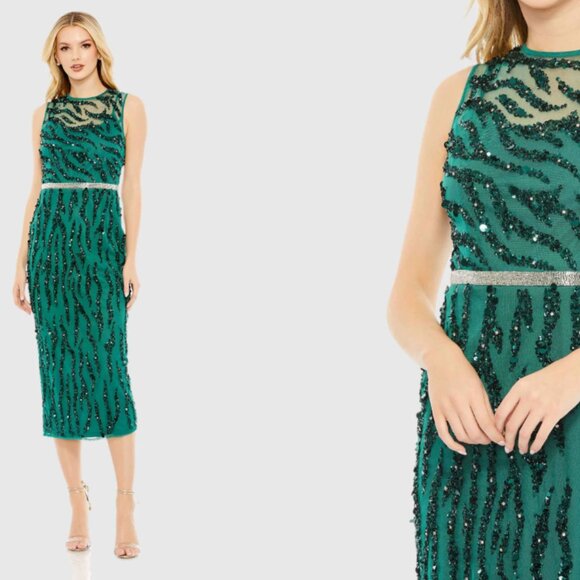 MAC DUGGAL 93765 EMBELLISHED SLEEVELESS ILLUSIONS HIGH NECK GREEN MIDI DRESS 6
